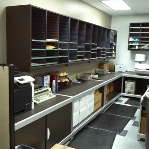 School Mail Room Sorter and Base Cabinets, Aluminum Framed Console Table with mail room sorter and base cabinets