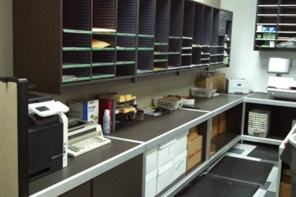 School Mail Room Sorter and Base Cabinets, Aluminum Framed Console Table with mail room sorter and base cabinets
